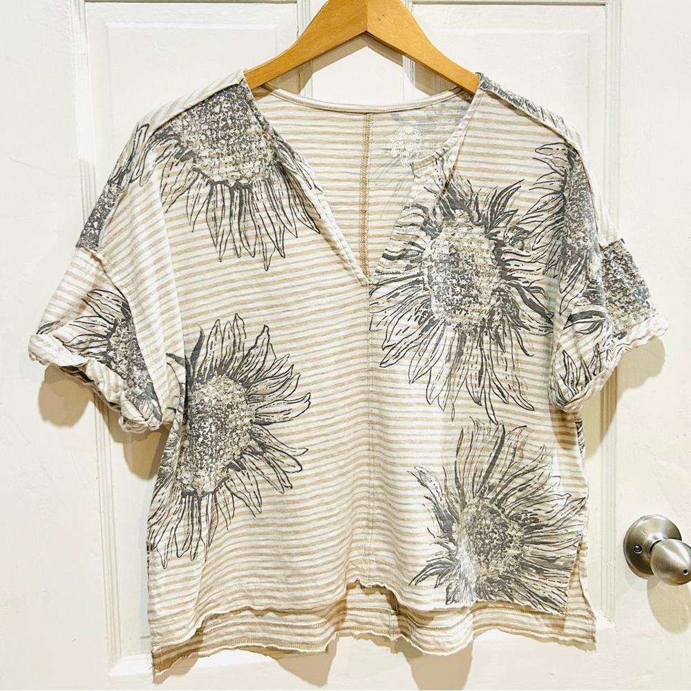 PILCRO Anthropologie Floral & Stripes Boxy Cotton Tee Preppy Y2K Casual Size XS